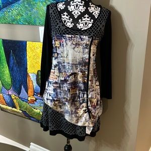 Fabulous La Voila dress with fun print and crocheted gray accents.